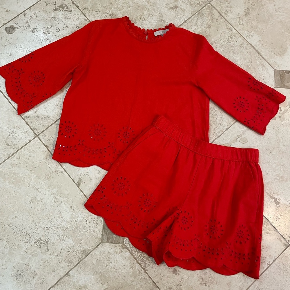 LOFT Red Linen Eyelet Scallop Hem Two-Piece Set